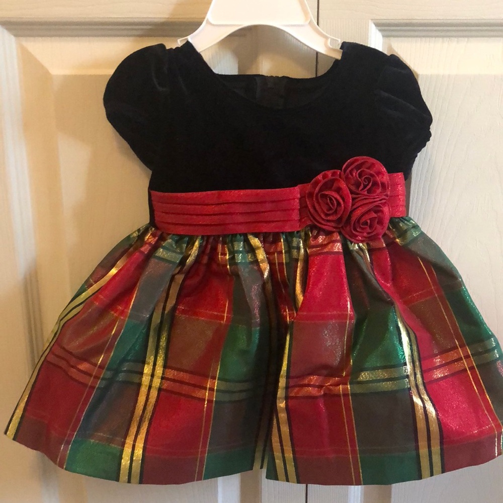 Bonnie Baby 2-Piece Velvet Plaid Holiday Dress with diaper cover.